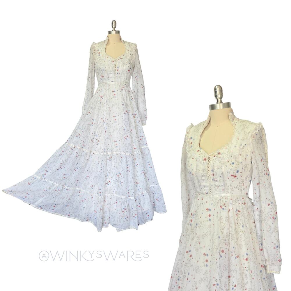 Gunne Sax White Floral Maxi Dress Size S 7 Prairie Vintage 70s Calico Corset